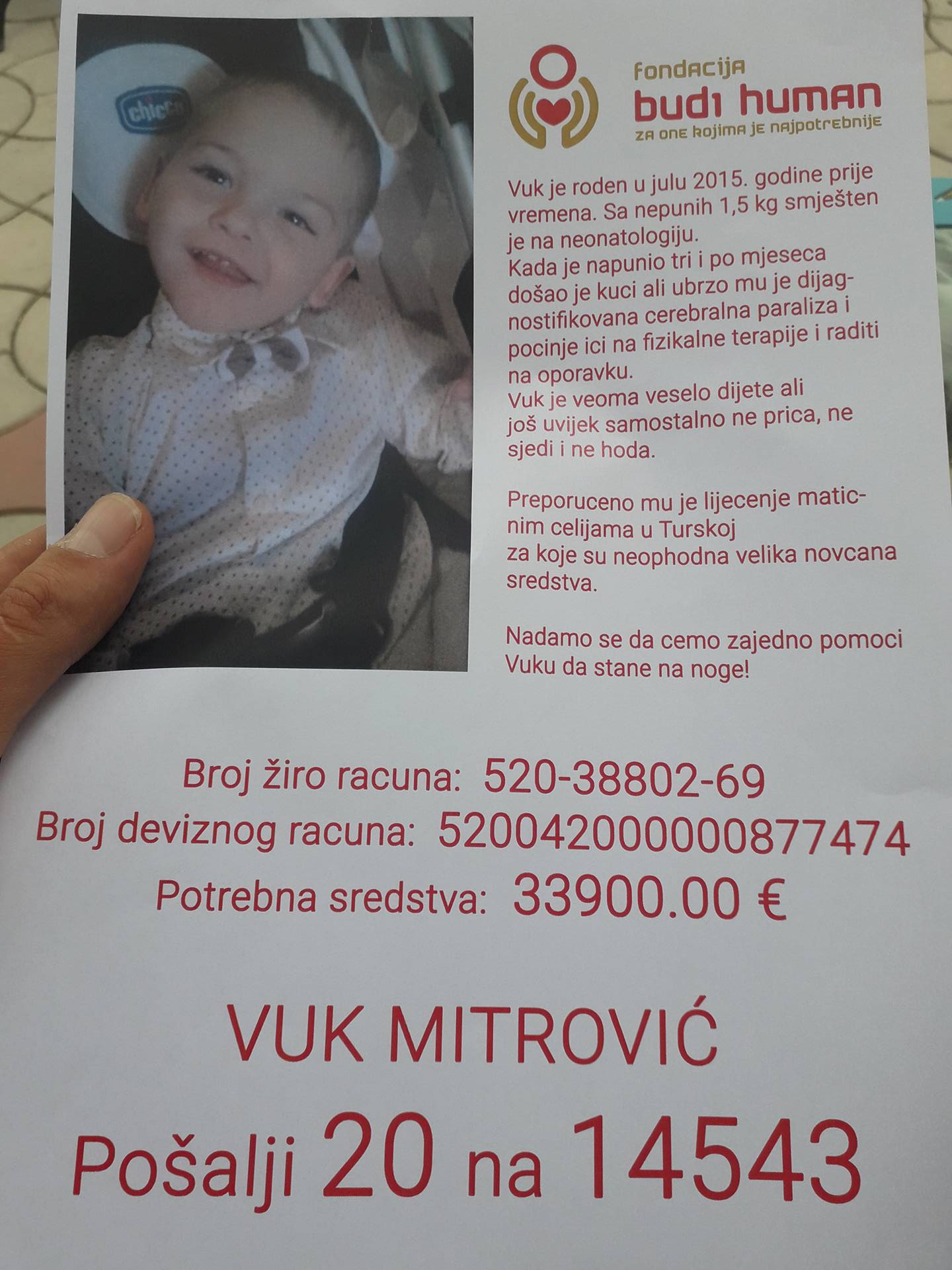 Apel ljudima dobre volje: Za malog Vuka, našeg velikog borca