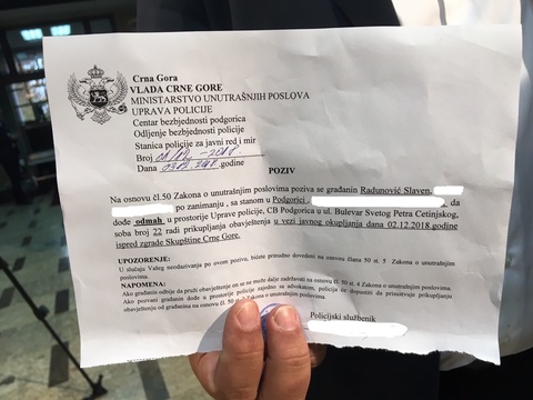 Policija u Skupštini: Radunović pozvan na informativni razgovor