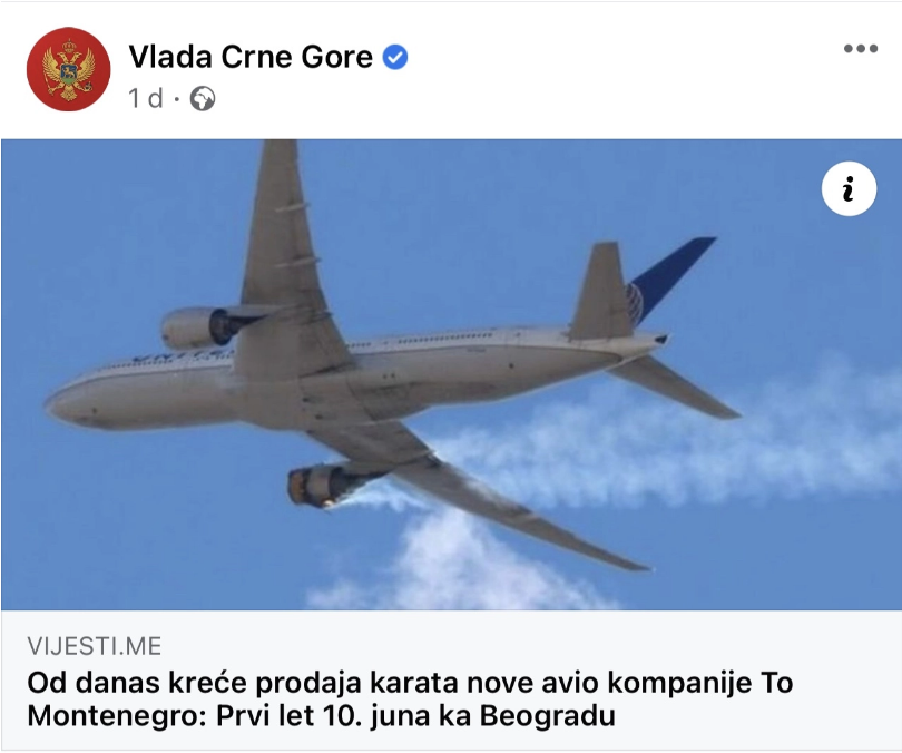 Nepažnja Vlade: Prvi let ToMontenegro najavili slikom aviona sa zapaljenim motorom