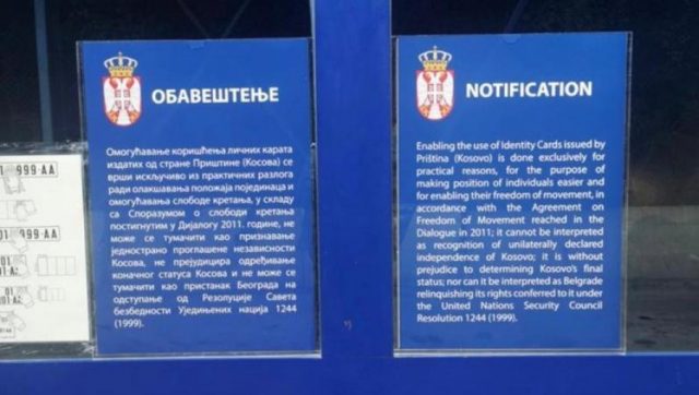 Postavljeni disklejmeri na svim administrativnim prelazima: Korišćenje ličnih karata isljučivo iz praktičnih razloga, ne može se tumačiti kao priznanje Kosova*