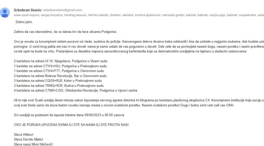 Ovo je prijeteći mail o postavljenim bombama