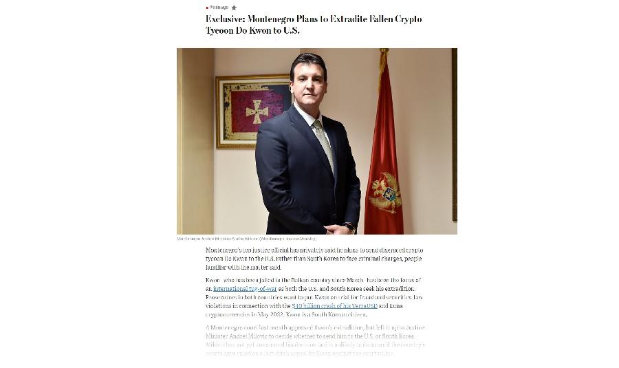 WSJ: Milović će Do Kvona isporučiti SAD-u