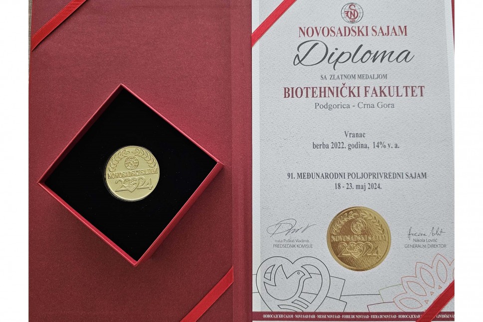 Zlatna medalja za vrhunsko crveno vino Vranac Biotehničkog fakulteta UCG