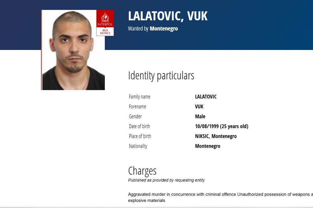 Crvena Interpolova potjernica raspisana za Vukom Lalatovićem