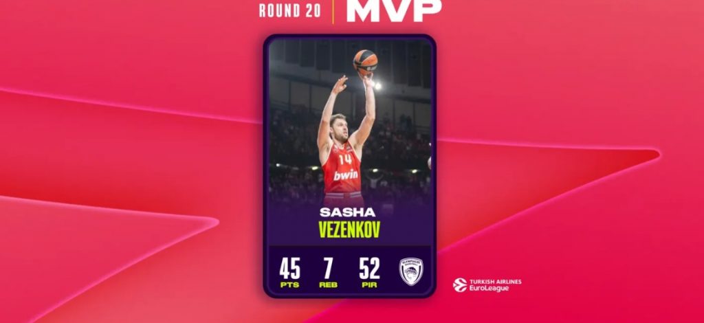 Vezenkov sa šestim najboljim indeksom u istoriji Evrolige MVP 20. kola