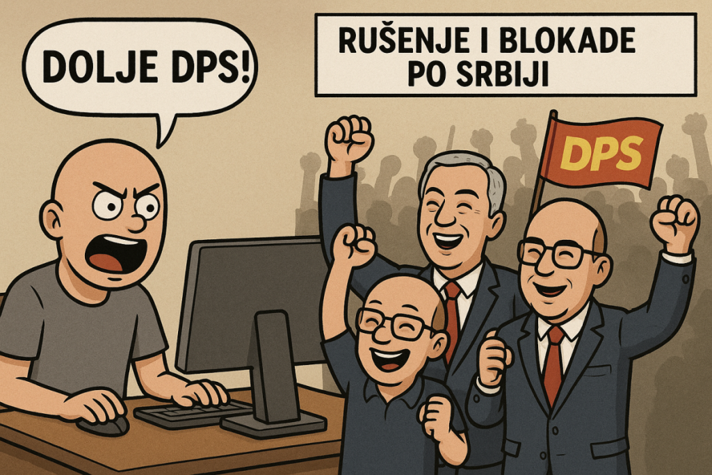 Maske su pale: Blokade u Srbiji podržavaju oni iz Crne Gore koji nikad nijesu blokirali ni ulaz svoje zgrade za vrijeme režima Mila Đukanovića; A za rušenje vlasti u Srbiji navijaju zajedno sa Milovim poslanicima!
