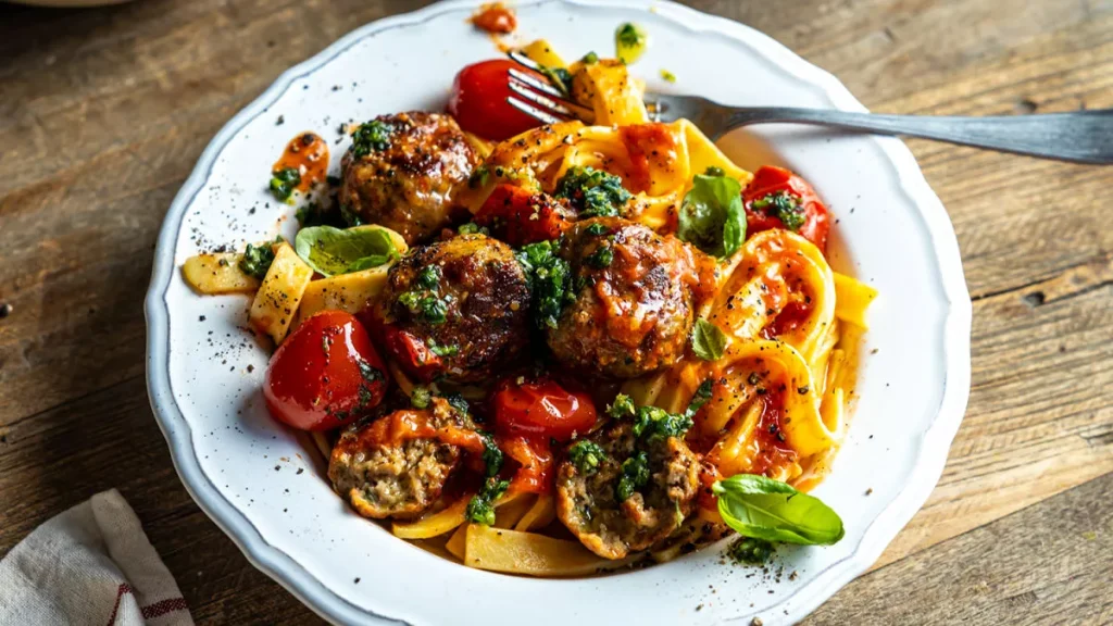 Ljutkaste ćufte, sos od paradajza i putera i svježa tjestenina
