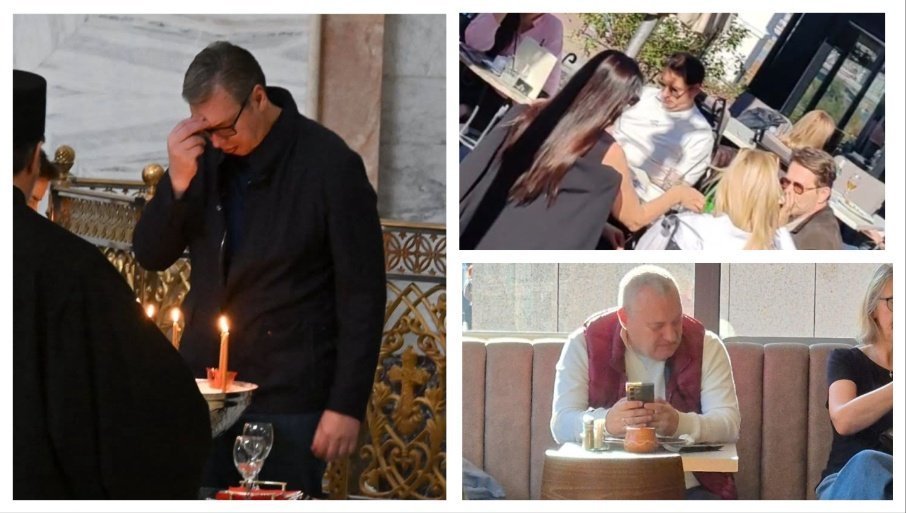 Dvije Srbije u tri slike: Vučić u Hramu Svetog Save na parastosu za nastradale u Novom Sadu; Milivojević jede burek, a Bjelogrlić se sunča u kafiću