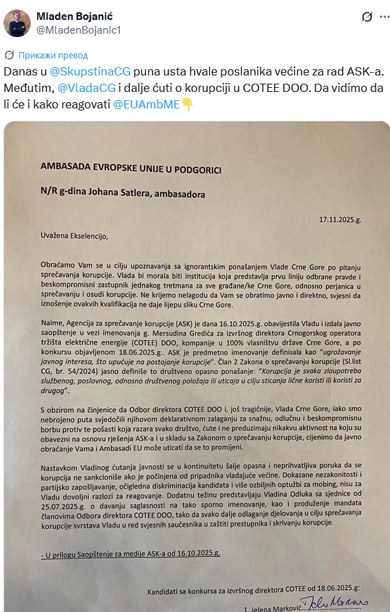 Bojanić: Vlada ne sankcioniše korupciju, žalili se Satleru