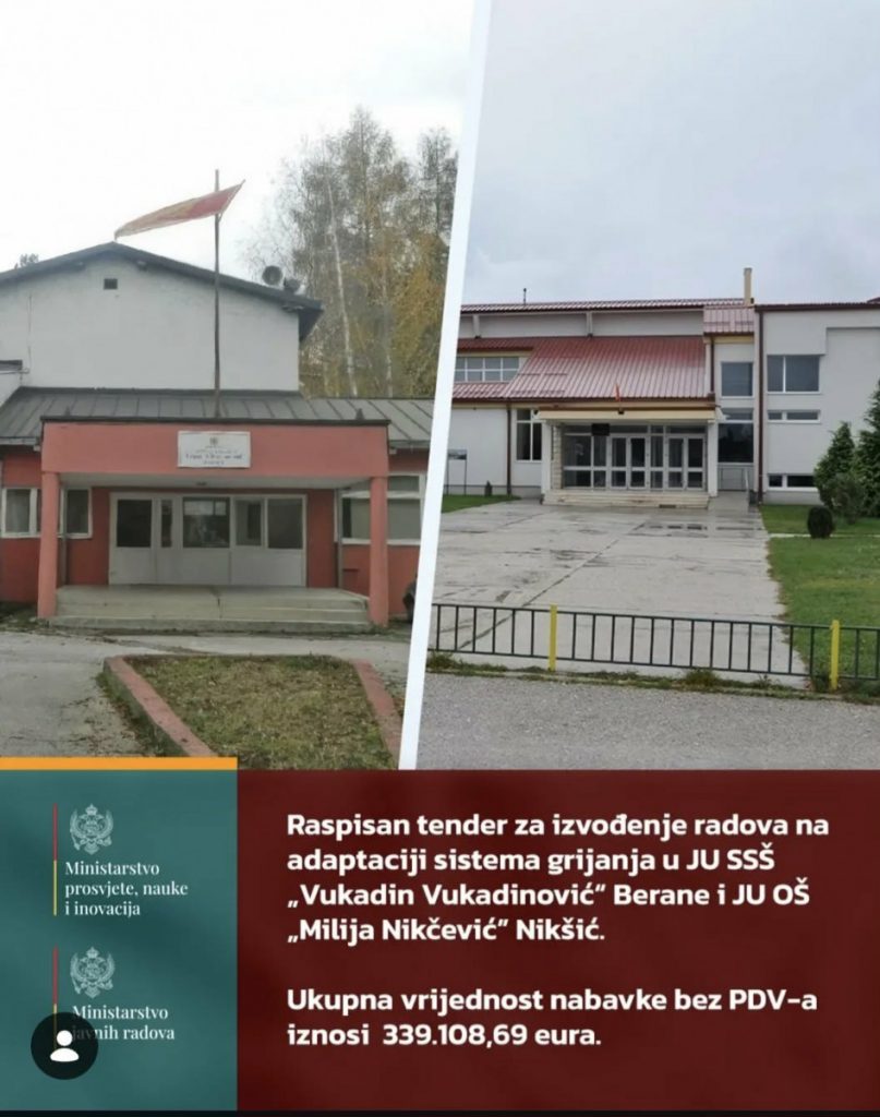 MPNI: Raspisan tender za adaptaciju sistema grijanja u školama u Nikšiću i Beranama