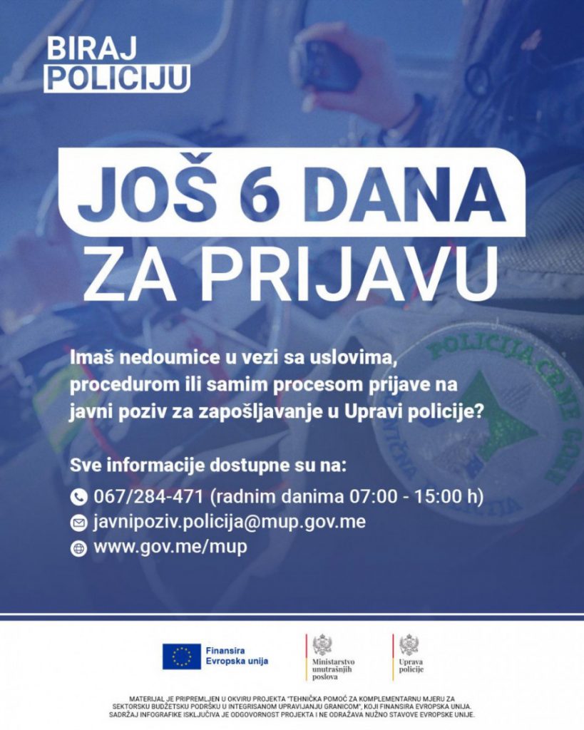 MUP podsjetio: Konkurs za nove policajce traje do 20.januara