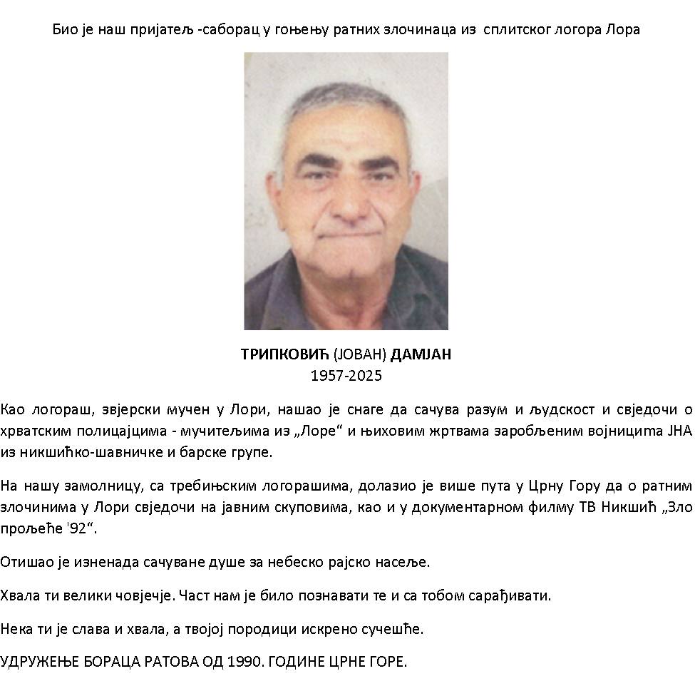 Radan Nikolić otkrio: Novina DAN odbila da objavi čitulju u kojoj se pominje logor Lora!