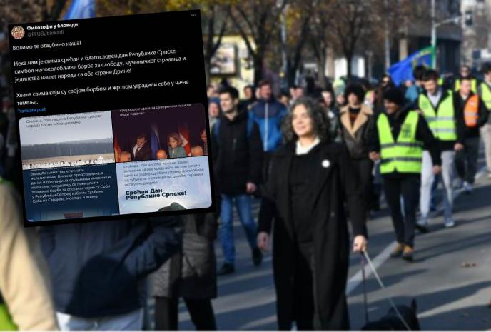 Opozicija u Srbiji se „pokomatila“ zbog čestitke Republici Srpskoj; „Filozofi u blokadi“ objavili čestitku, Vesna Pešić poručila da su pokvarenjaci, oni joj ponudili bocu vinjaka