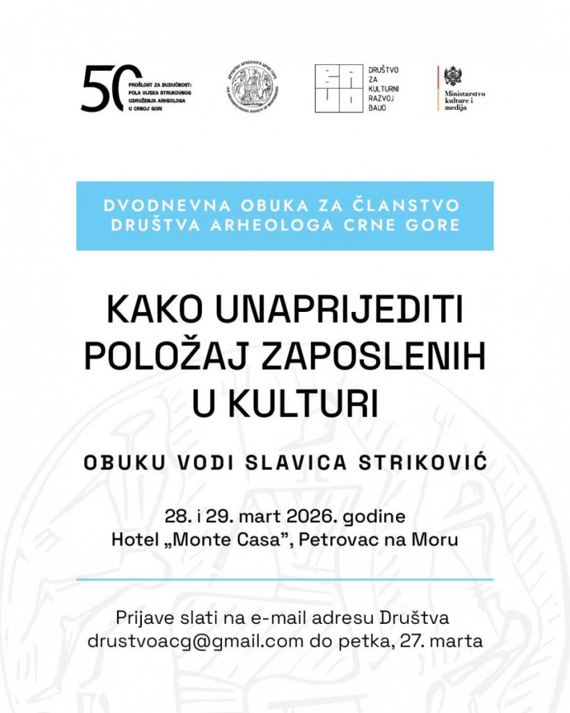 Poziv na dvodnevnu besplatnu obuku „Kako unaprijediti položaj zaposlenih u kulturi“ 28. i 29. marta u Petrovcu