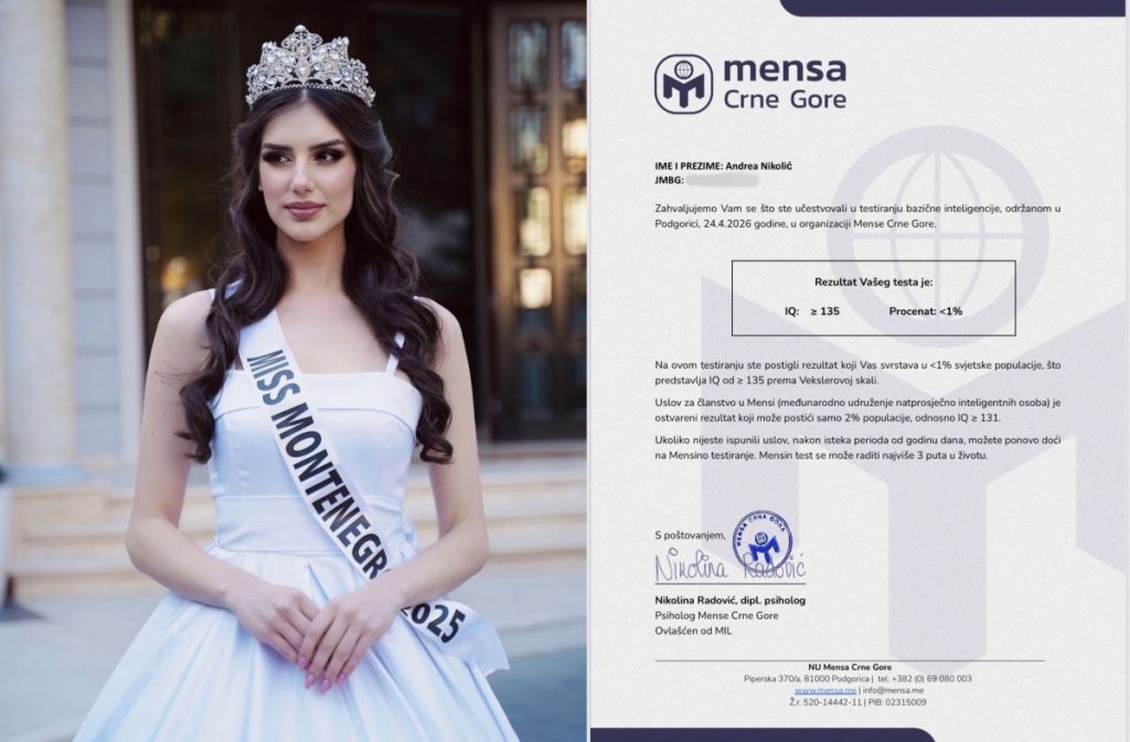 Aktuelna Miss Crne Gore postala član Mense – Nikolić među 1% najinteligentnijih na svijetu