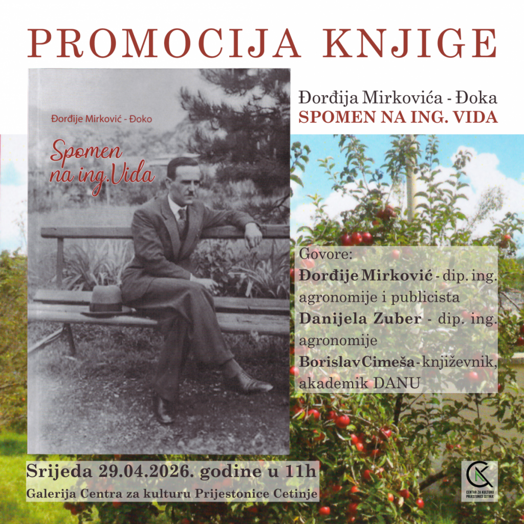 Promocija knjige „Spomen na ing. Vida” u četvrtak na Cetinju
