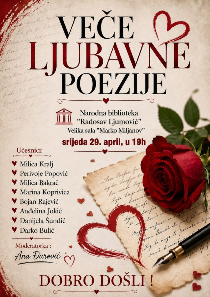 Veče ljubavne poezije večeras u narodnoj biblioteci „Radosav Ljumović“ u 19 časova