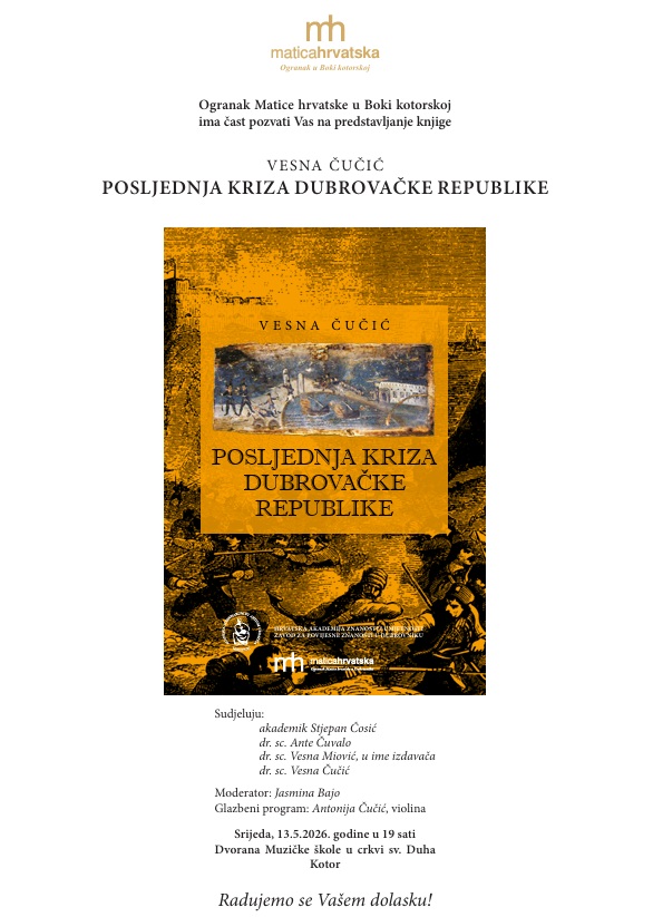 Predstavljanje knjige „Posljednja kriza Dubrovačke Republike“ danas u crkvi Sv. Duha u Kotoru