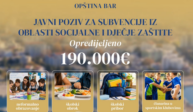 Javni poziv Opštine Bar za dodjelu subvencija za učenike osnovnih škola, opredijeljeno 190 hiljada evra