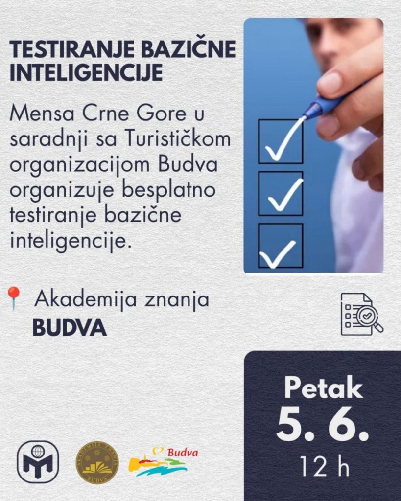 Mensa Crne Gore i Turistička organizacija opštine Budva organizuju testiranje inteligencije u Budvi