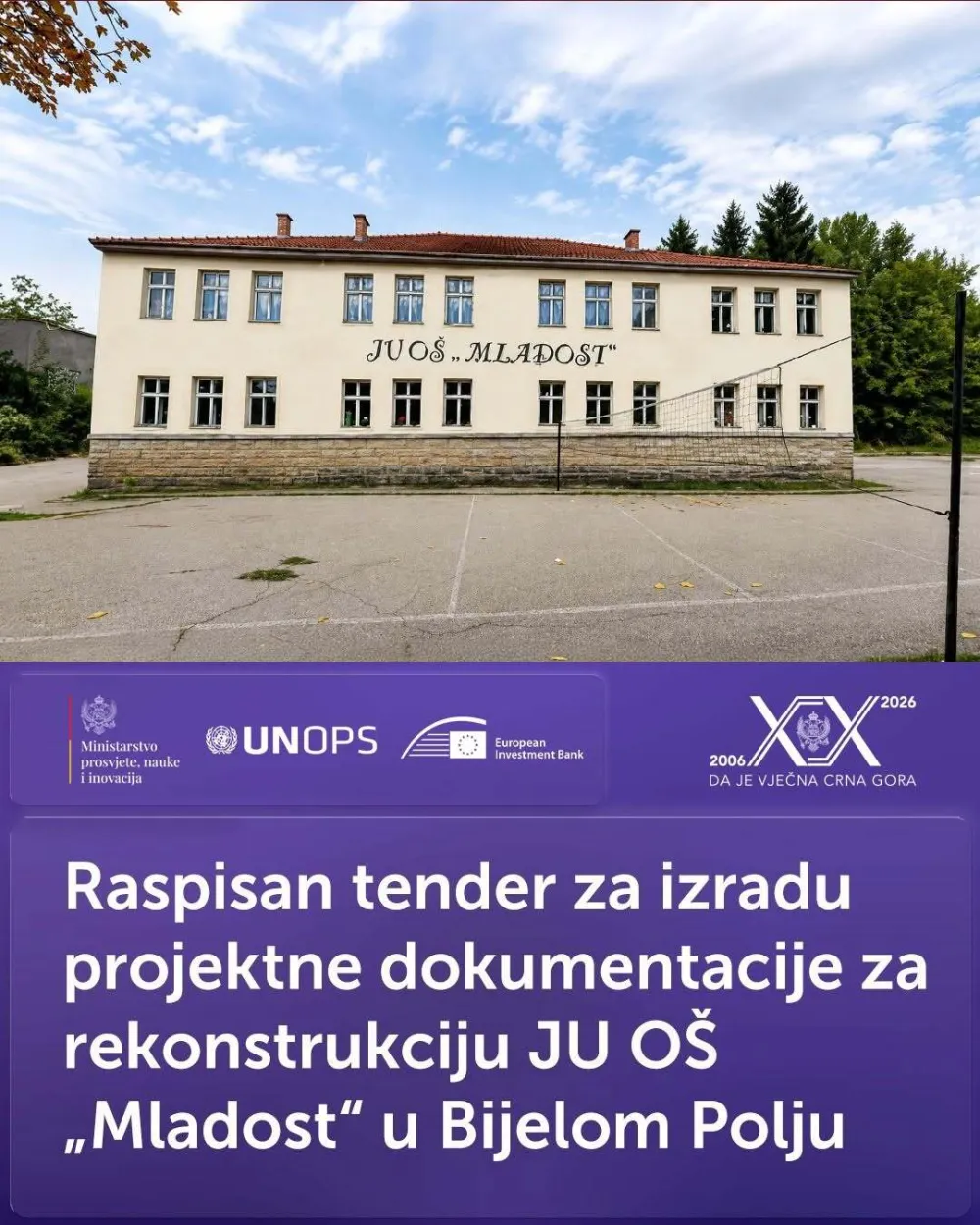 Raspisan tender za izradu projektne dokumentacije za rekonstrukciju JU OŠ „Mladost“ u Bijelom Polju