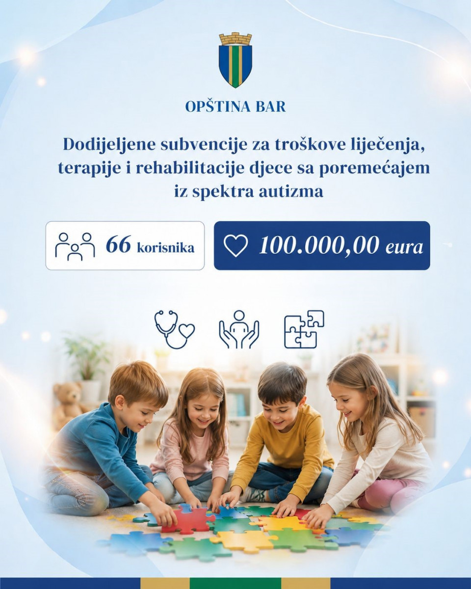 Opština Bar izdvojila 100.000 eura za podršku djeci sa poremećajem iz spektra autizma