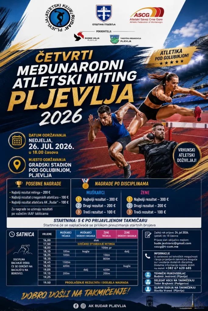 Četvrti međunarodni atletski miting „Pljevlja 2026“: Vrhunski sportisti 26. jula pod Golubinjom