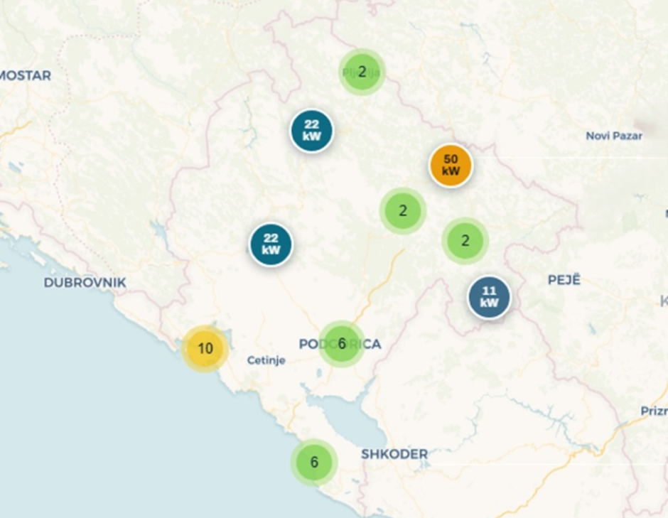 Mapa punjača za električna vozila u Crnoj Gori